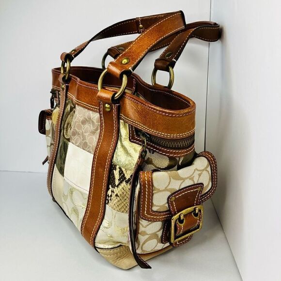 COACH #10002 Gold & Patchwork Leather Trim Tote / Shoulder Bag - Picture 3 of 14